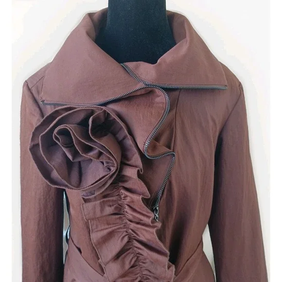 Samuel Dong Brown Ruffle Rosette Bubble Hem Trench Coat Jacket Womens Small - Picture 3 of 10